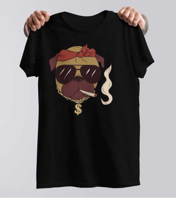 Thug Pug Dollar Chain Bandana Sunglasses Smoking Cool Dog T-Shirt