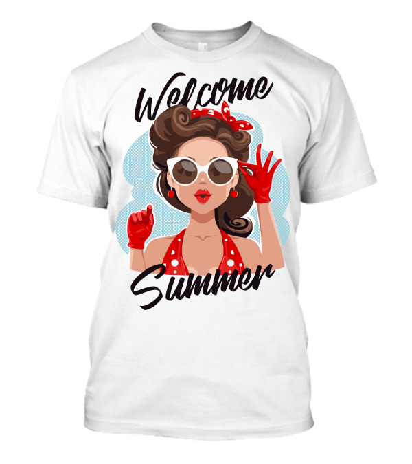 Welcome Summer Retro Girl Sunglasses Red Gloves T-Shirt