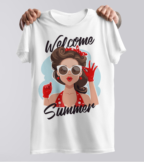 Welcome Summer Retro Girl Sunglasses Red Gloves T-Shirt