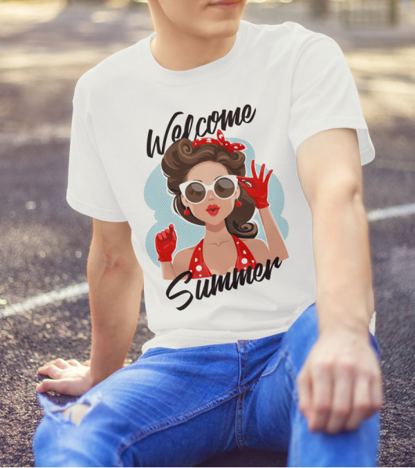 Welcome Summer Retro Girl Sunglasses Red Gloves T-Shirt