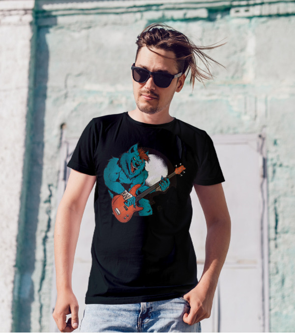 Werewolf Rocking Out Under Full Moon With Electric Bass Guitar T-Shirt