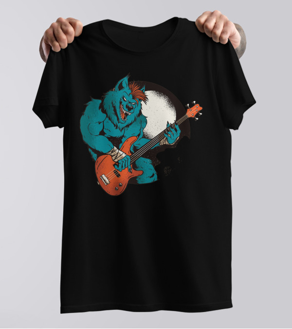 Werewolf Rocking Out Under Full Moon With Electric Bass Guitar T-Shirt