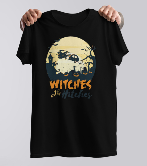 Halloween Moon Night Witches With Hitches Campers And Pumpkins T-Shirt