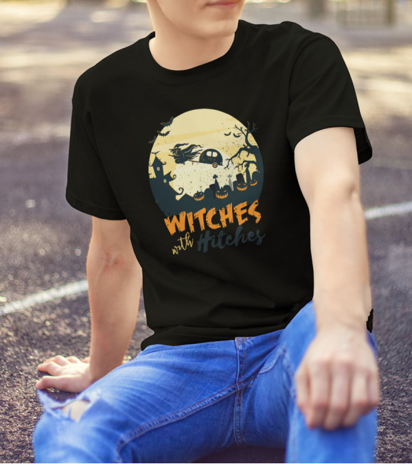 Halloween Moon Night Witches With Hitches Campers And Pumpkins T-Shirt