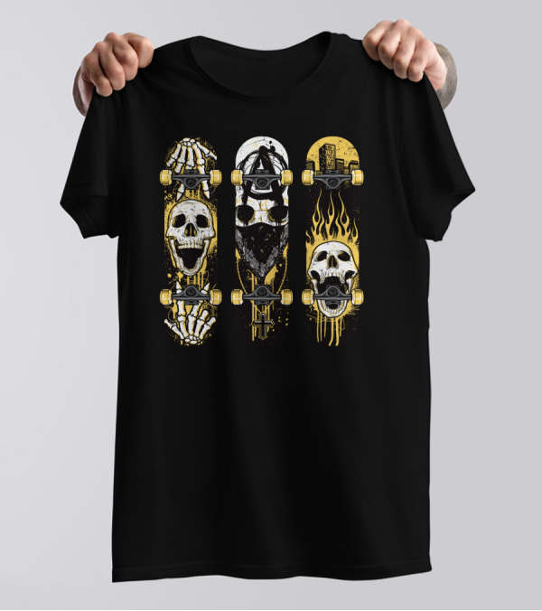 Skull Trio Burned Skateboards With Flames And Skeleton Hands T-Shirt