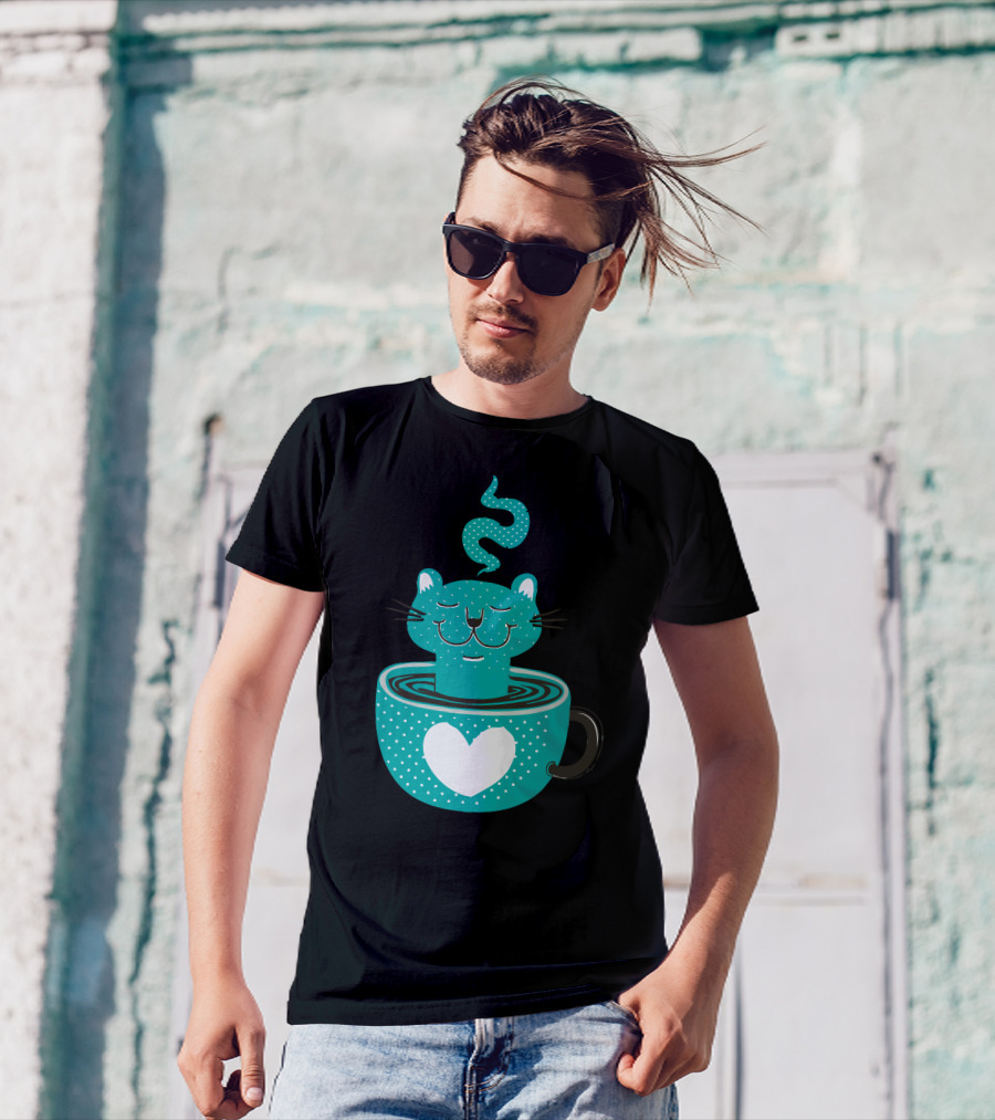Cat Relaxing In Heart-Adorned Steaming Cup T-Shirt