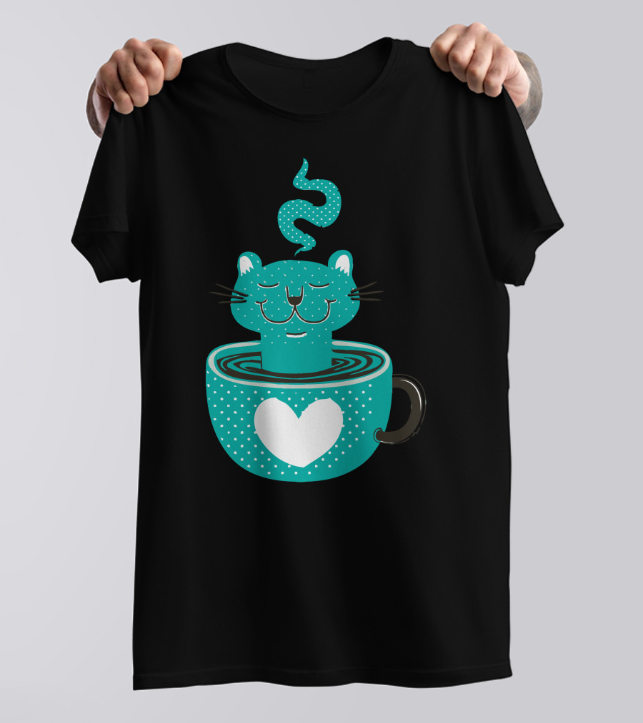 Cat Relaxing In Heart-Adorned Steaming Cup T-Shirt