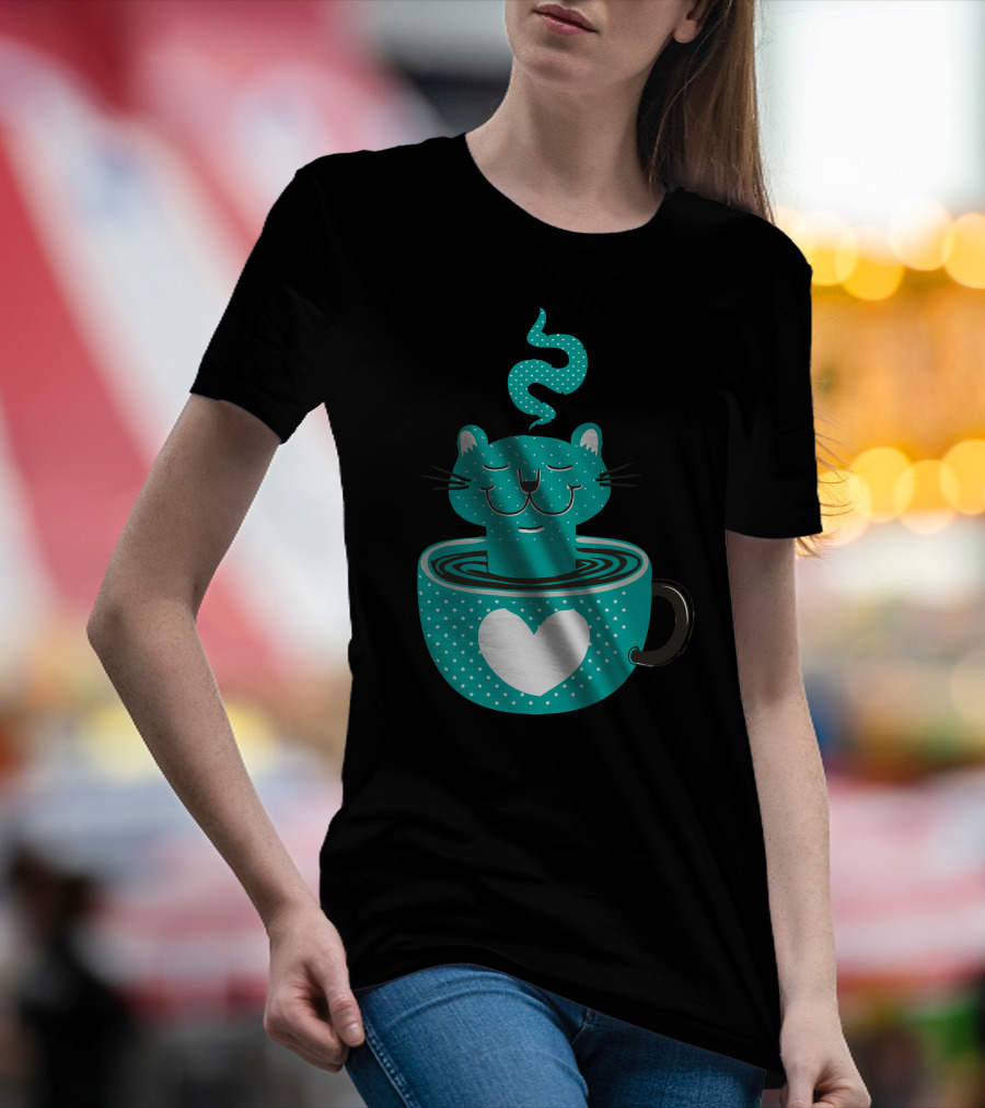 Cat Relaxing In Heart-Adorned Steaming Cup T-Shirt