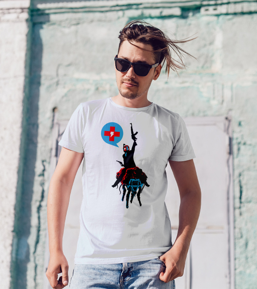Celebratory Gunfire Robot Rider With Medical Cross And Lightning Bolt T-Shirt