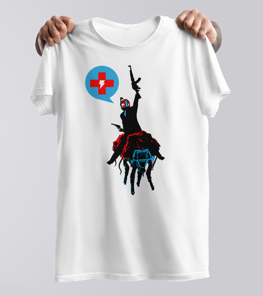 Celebratory Gunfire Robot Rider With Medical Cross And Lightning Bolt T-Shirt