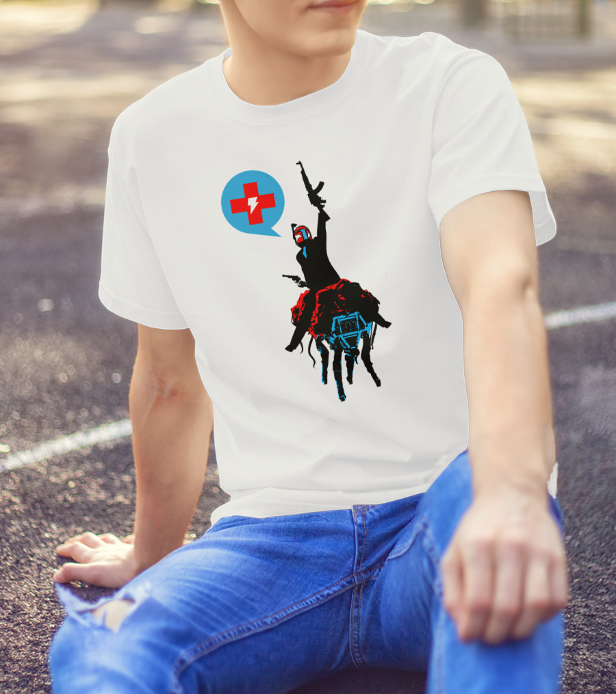 Celebratory Gunfire Robot Rider With Medical Cross And Lightning Bolt T-Shirt