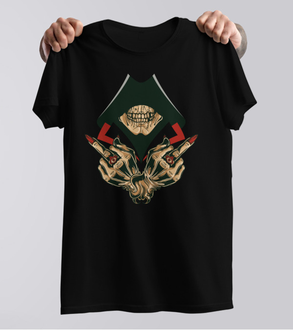 Dead Assassins Grim Skull Hooded Emblem With Skeletal Hands T-Shirt