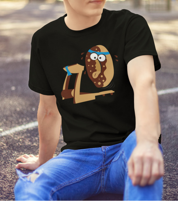 Donut Exercising On Treadmill With Sweat And Blue Headband T-Shirt