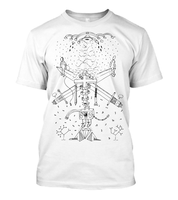Doodle Hype Robot With Swords And Speech Bubbles T-Shirt