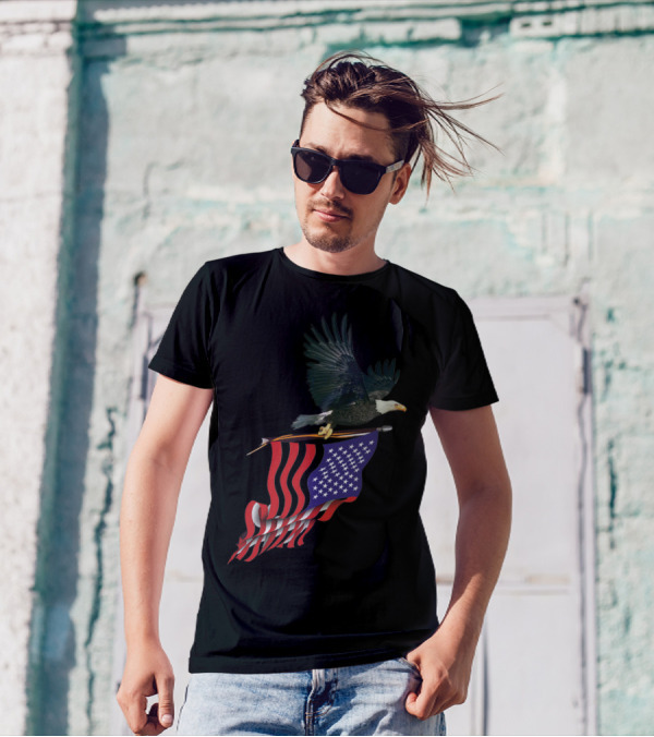 Eagle With American Flag Soaring Majestically In Flight T-Shirt