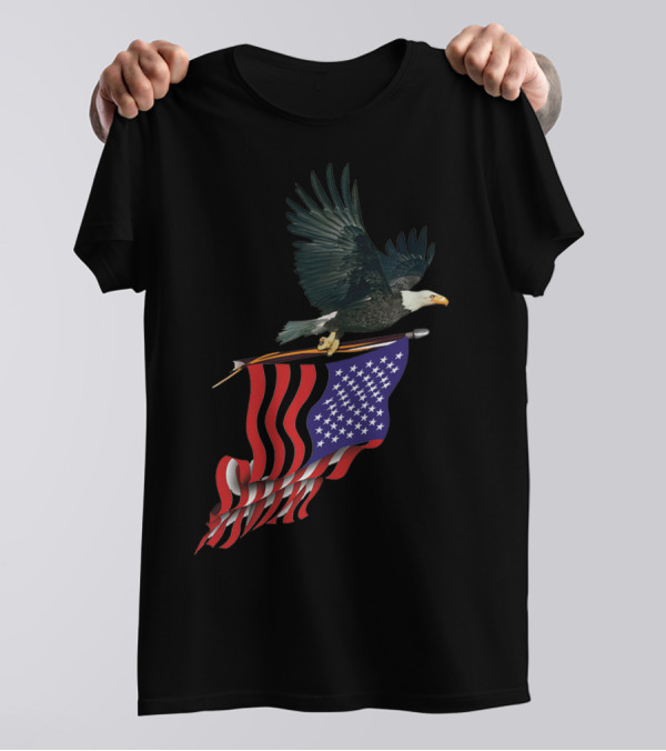 Eagle With American Flag Soaring Majestically In Flight T-Shirt