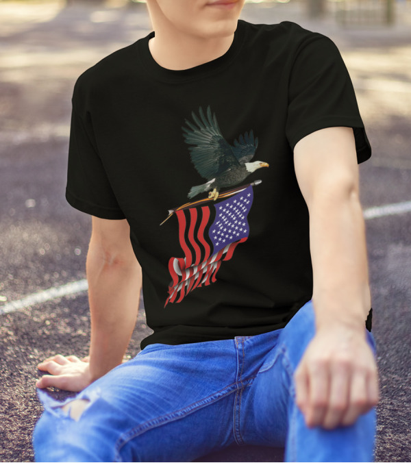 Eagle With American Flag Soaring Majestically In Flight T-Shirt