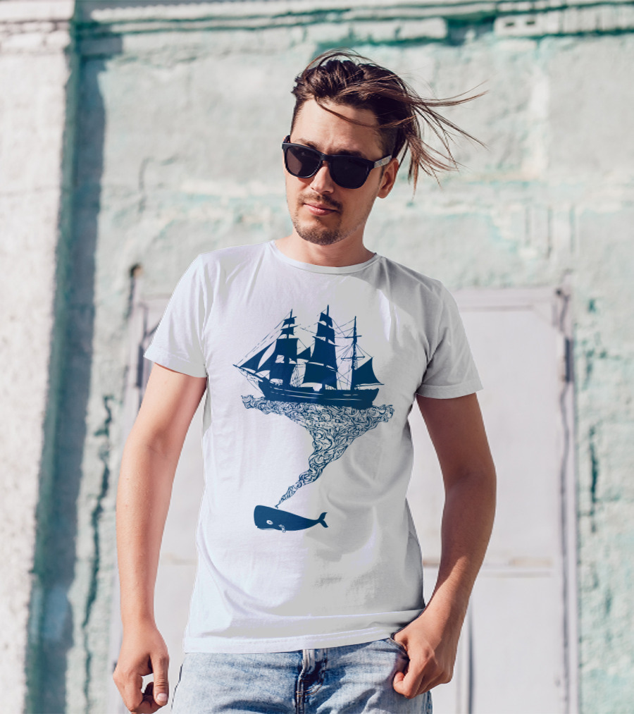 Exhaling Flotsam Blue Whale Sailing Ship Fusion T-Shirt