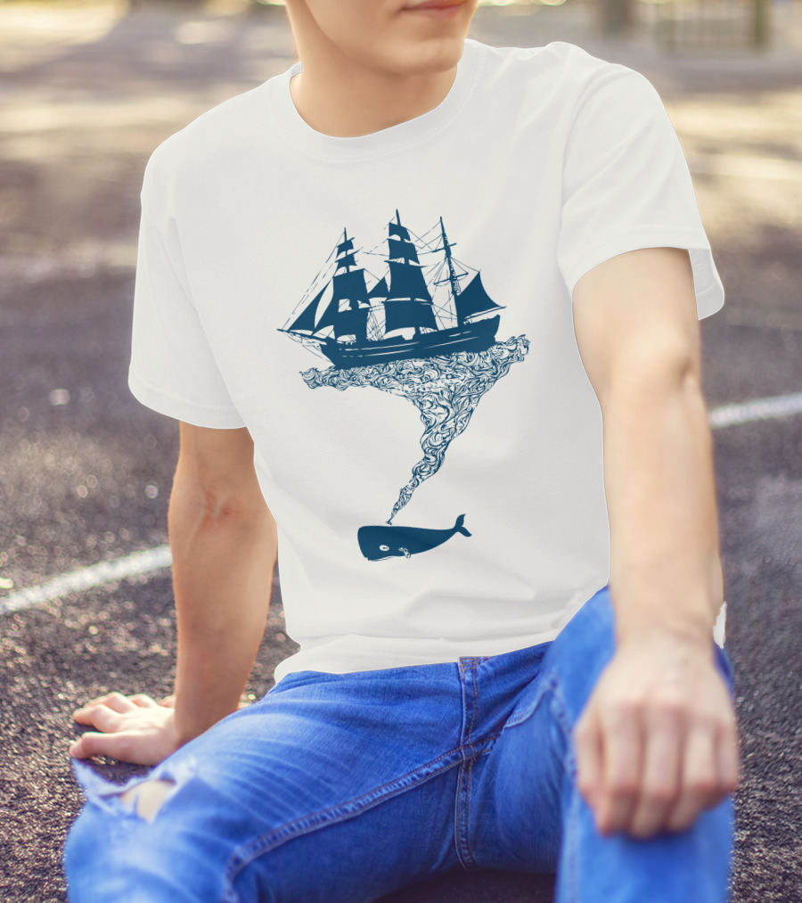 Exhaling Flotsam Blue Whale Sailing Ship Fusion T-Shirt