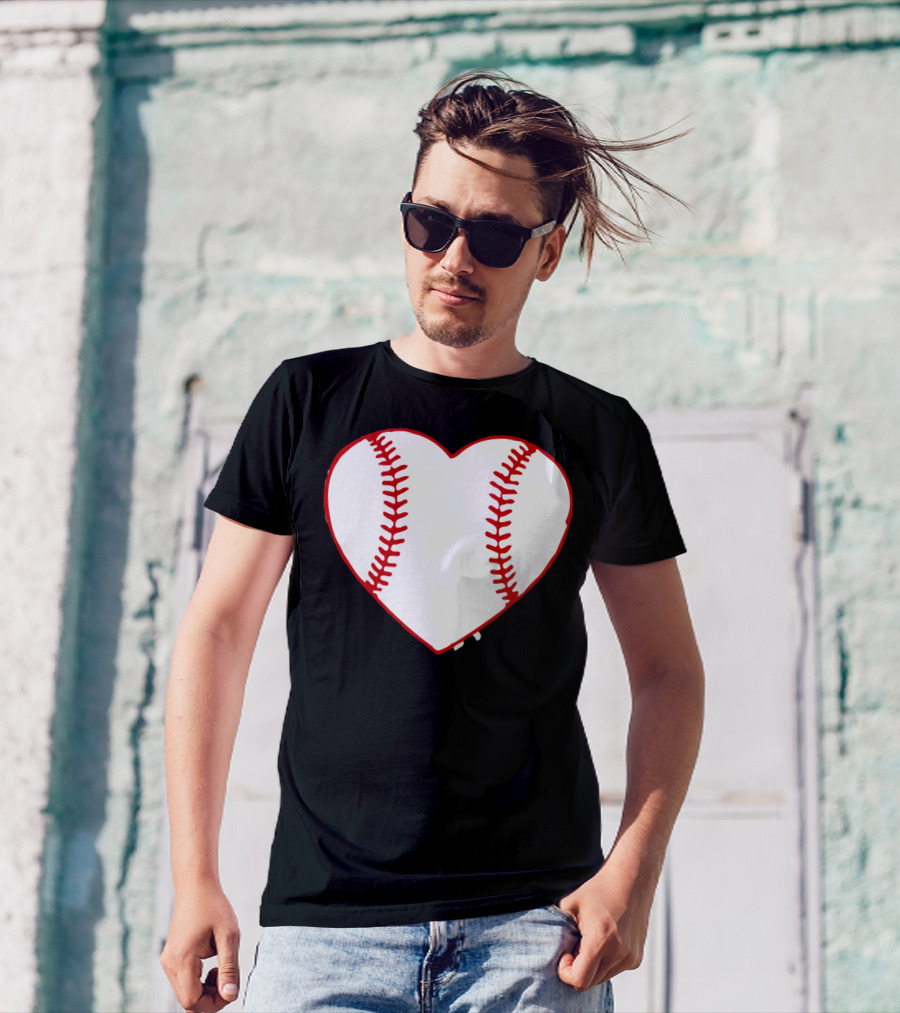 I Love Baseball Heart Stitching T-Shirt