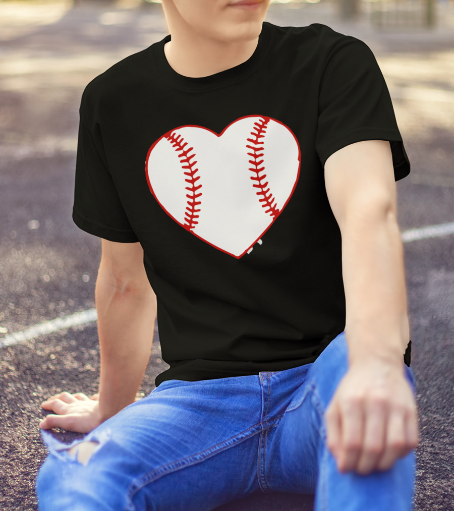 I Love Baseball Heart Stitching T-Shirt