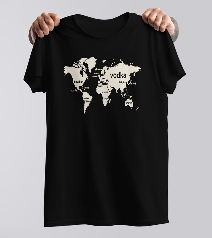 World Map Of Alcoholic Beverages Featuring Vodka, Bourbon, Rum, Beer, Sake, Tequila, Arak, Pisco, Wine, Shiraz T-Shirt