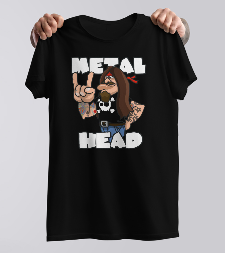 Metal Head Man Rocker With Tattoos Skull Shirt And Long Brown Hair T-Shirt