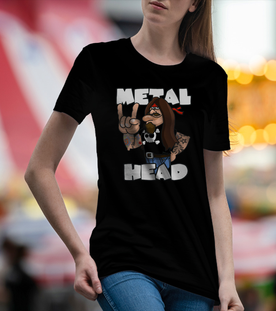Metal Head Man Rocker With Tattoos Skull Shirt And Long Brown Hair T-Shirt
