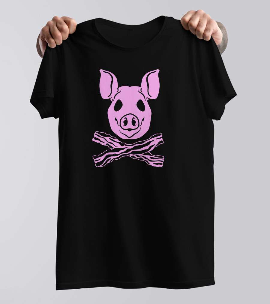 Pink Pig Skull With Crossed Bacon Strips T-Shirt