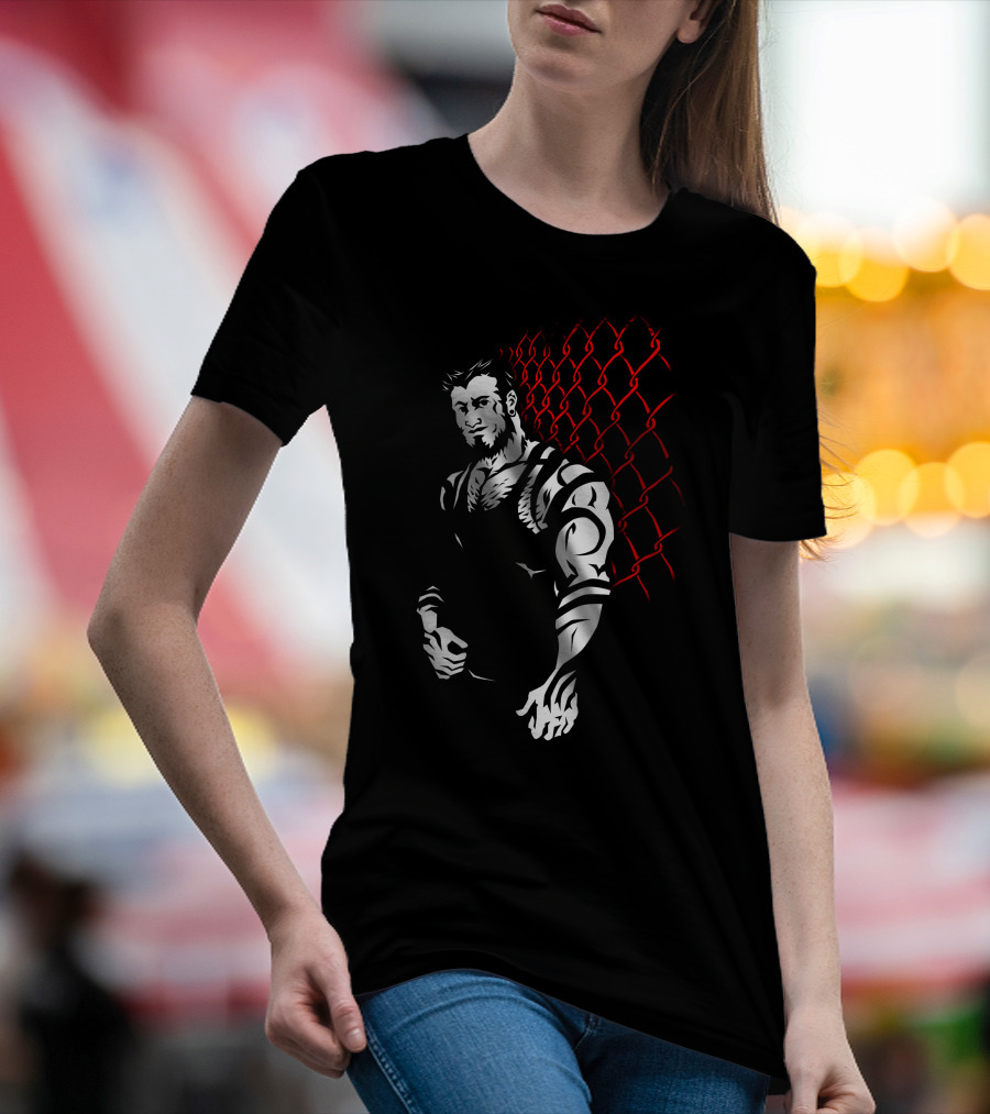 Tattoo Muscle Brute In Front Of Red Chain Link Fence T-Shirt