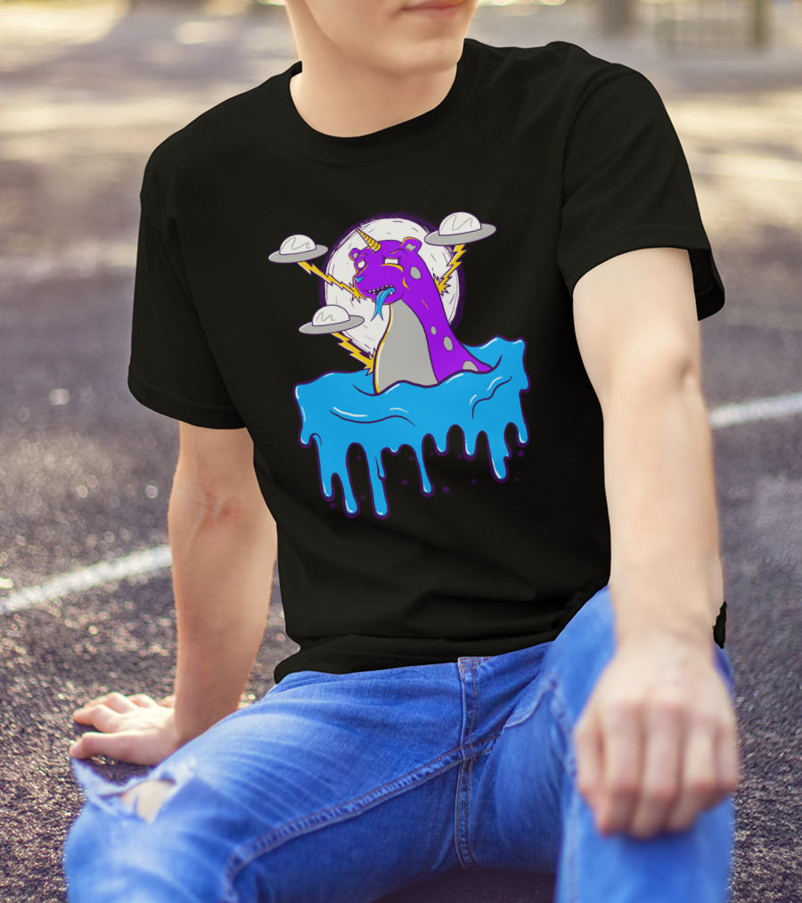 Beargon Vs Alien Spaceships In Dripping Cosmic Showdown T-Shirt