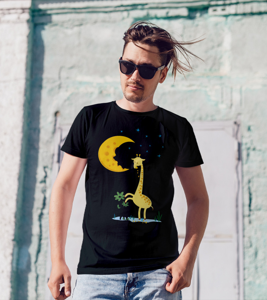 Giraffe Biting A Delicious Moon Cake Under Starry Night T-Shirt