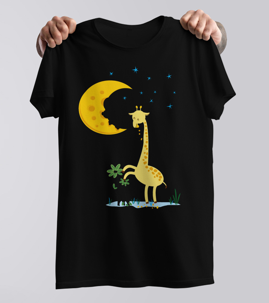 Giraffe Biting A Delicious Moon Cake Under Starry Night T-Shirt