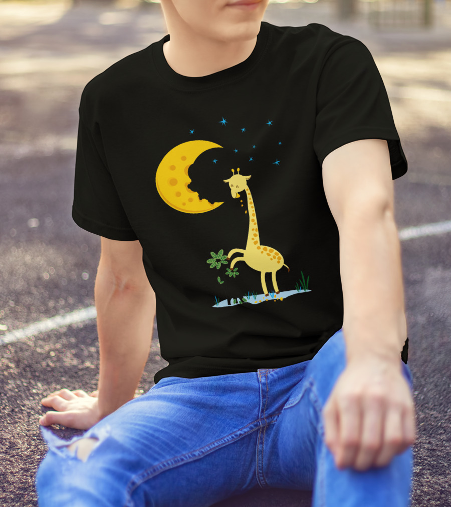 Giraffe Biting A Delicious Moon Cake Under Starry Night T-Shirt