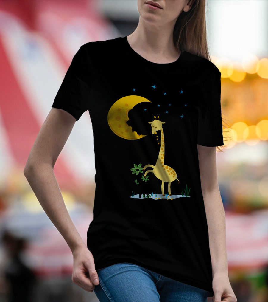 Giraffe Biting A Delicious Moon Cake Under Starry Night T-Shirt