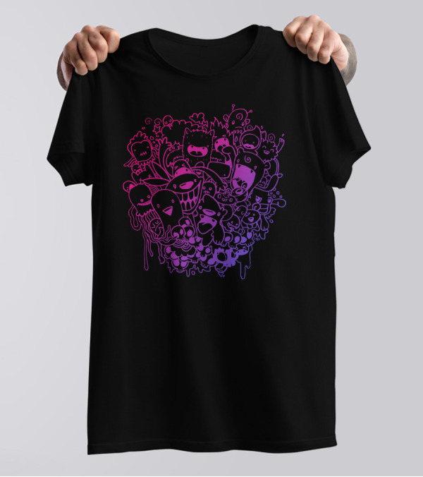 Too Much Time Colorful Monster Doodle T-Shirt