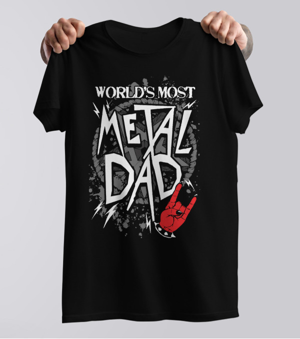 World's Most Metal Dad With Red Rock Hand Sign And Lightning Bolts T-Shirt