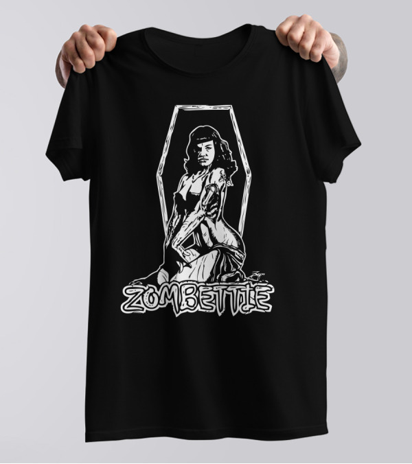 Zombettie Retro Pin-Up Zombie Illustrated In Coffin Frame T-Shirt