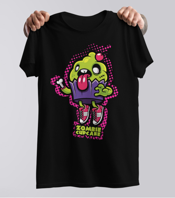 Zombie Cupcake Cartoon With Green Face And Pink Sneakers T-Shirt