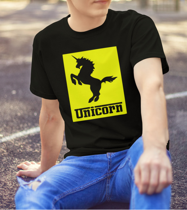 Unicorn Ferrari Car Logo Parody Black Yellow T-Shirt
