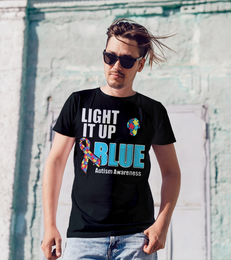 Light It Up Blue Autism Awareness Puzzle Ribbon And Head T-Shirt