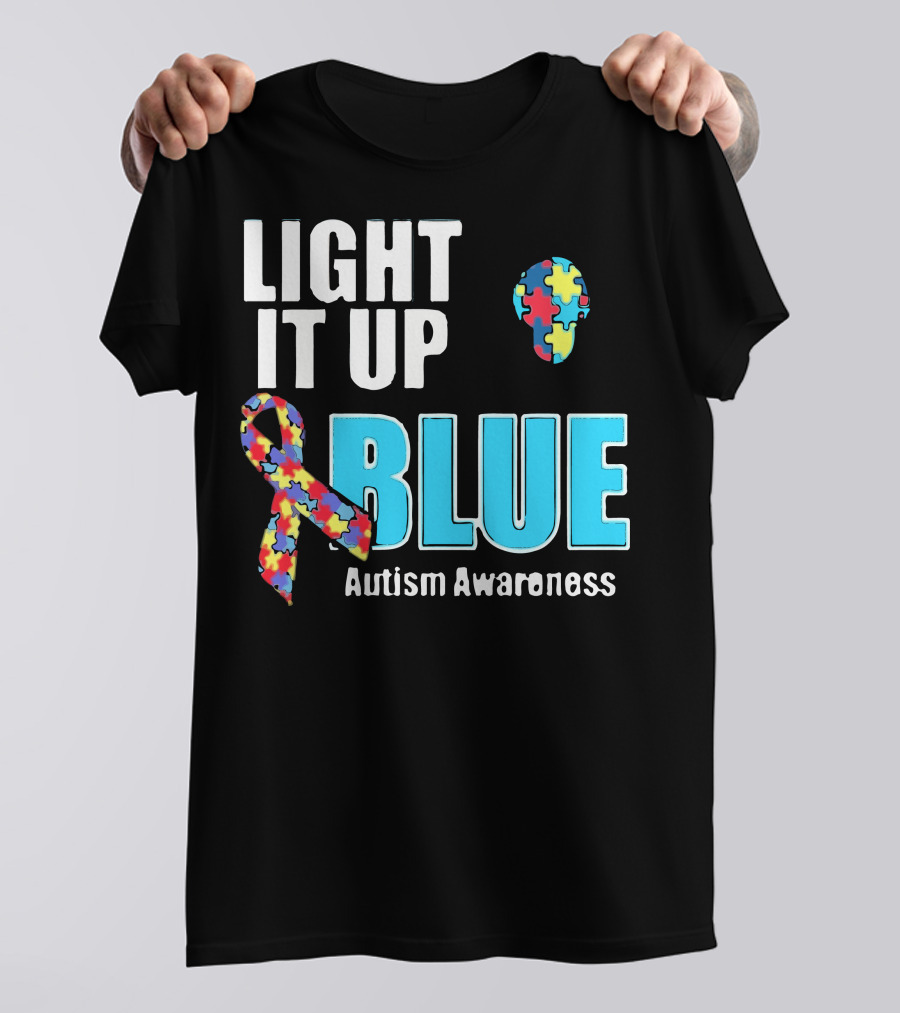 Light It Up Blue Autism Awareness Puzzle Ribbon And Head T-Shirt