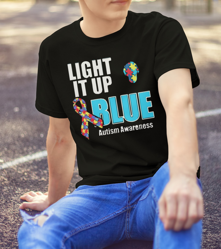 Light It Up Blue Autism Awareness Puzzle Ribbon And Head T-Shirt