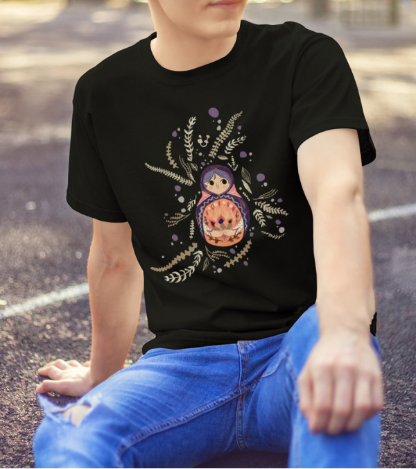 Little Miss Matryoshka Russian Nesting Doll Floral Ferns Bubbles T-Shirt