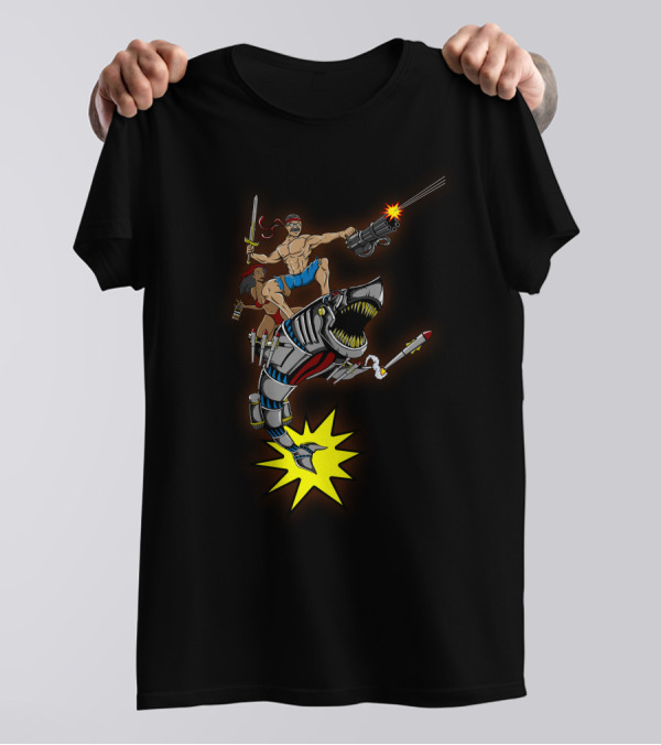 Manliest Thing Ever Seen Shark Riding Action Hero With Woman And Gun T-Shirt