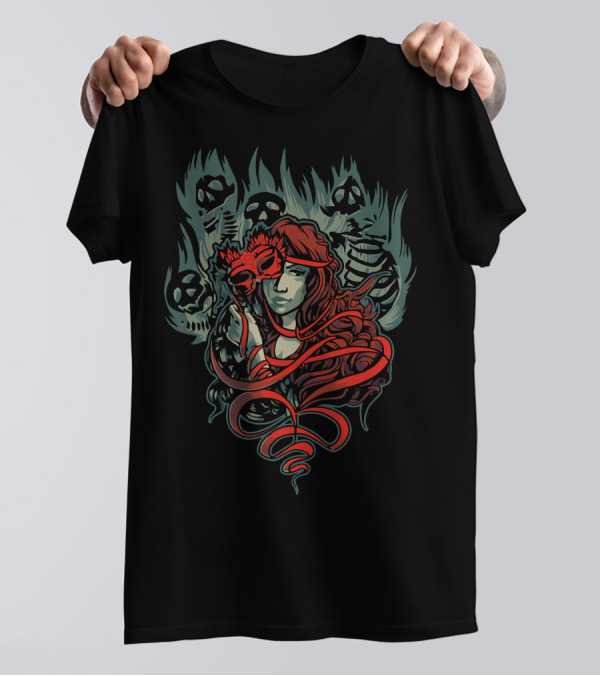 Masque Of The Red Death Gothic Skull Flames And Masked Woman T-Shirt