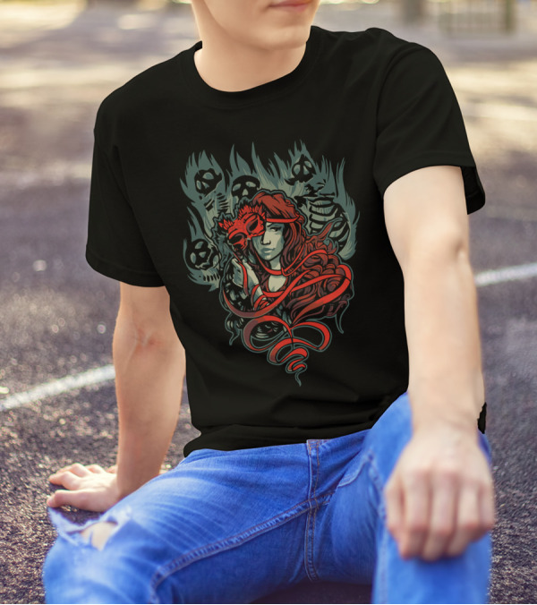 Masque Of The Red Death Gothic Skull Flames And Masked Woman T-Shirt