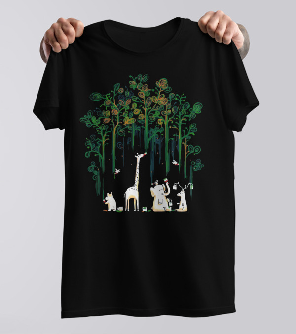Meanwhile In The Woods: Playful Animals And Colorful Trees T-Shirt