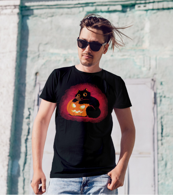 Meeooween Black Cat With Glowing Pumpkin Halloween T-Shirt
