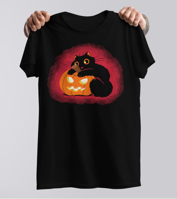 Meeooween Black Cat With Glowing Pumpkin Halloween T-Shirt
